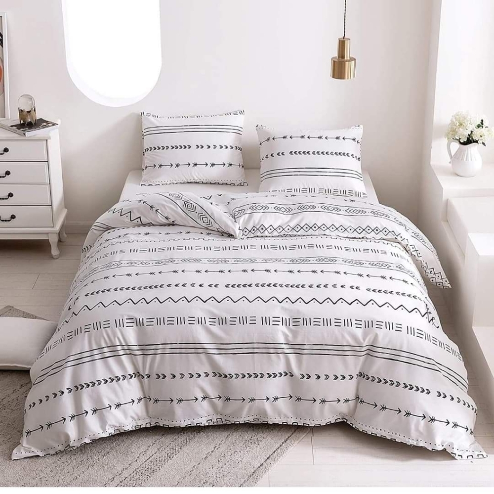 Boho White Duvet Cover Sets Twin Size, 100% Cotton Black Striped Bohemian Beddin